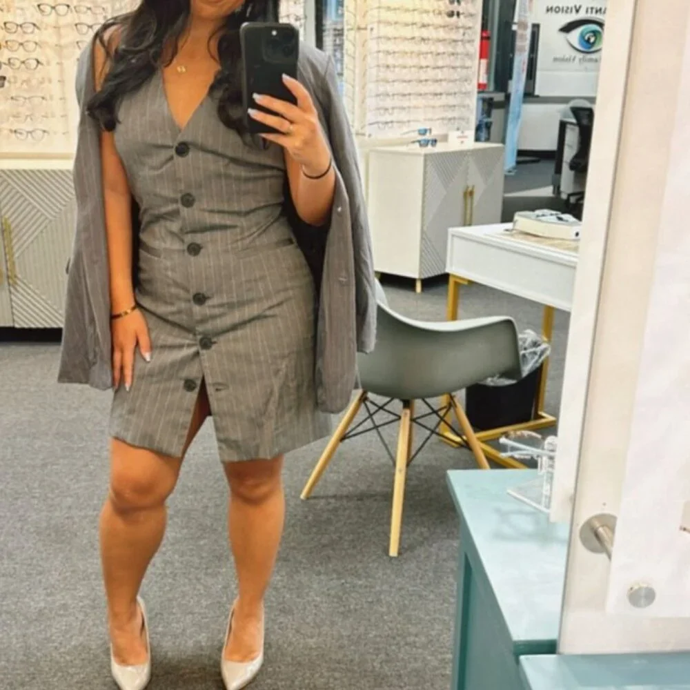 Women's Double Breasted Blazer - A New Day™ Gray Pinstripe L - Picture 2 of 4